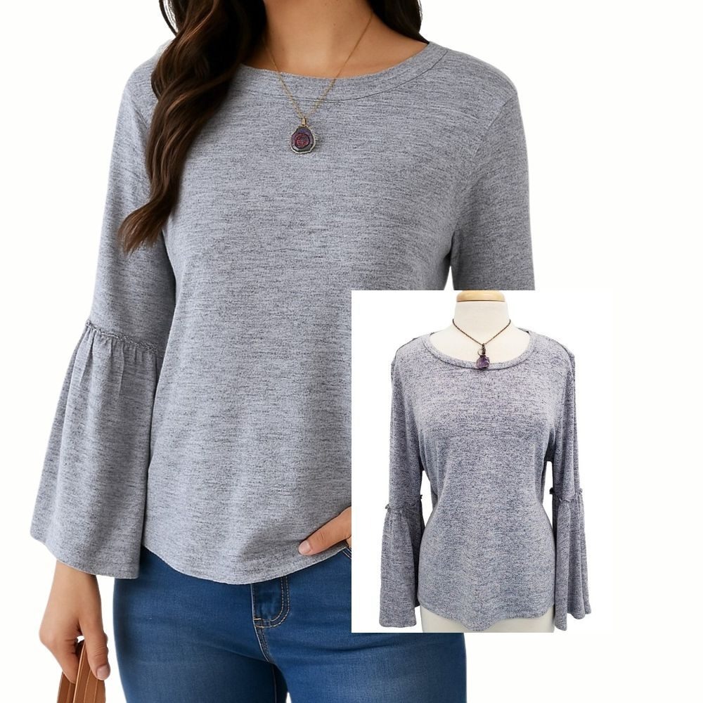 Lauren Conrad Womens XL Gray Marled Bell Sleeve Soft Stretch Knit Pullover Top